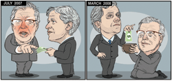 “Can it be true, as one mole reports, that last July, Jamie Dimon, JPMorgan’s chief executive offered Jimmy Cayne $120 a share for Bear? Cayne sent Dimon away with a flea in his ear. In March 2008, Morgan looked poised to gobble up Bear for $10 a share. Now that’s what I call hubris”