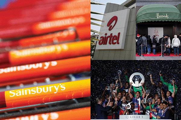 Clockwise from top left: Sainsbury’s, Airtel, Harrods and Paris Saint-Germain