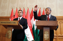 Friends no longer? OTP’s CEO Sandor Csanyi with PM Victor Orban in 2010