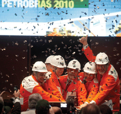 Chief executive Edemir Pinto, Brazil’s vice-president Jose Alencar, president Luiz Inácio Lula da Silva, finance minister Guido Mantega and Petrobras chief executive Jose Sergio Gabrielli attend a ceremony to mark the start of the offering of shares by Brazilian state oil company Petrobras in Sao Paulo September 24