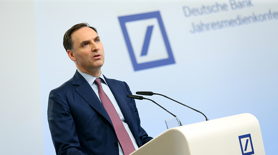 James von Moltke, CFO of Deutsche Bank AG, addresses the media during the bank's annual news conference in Frankfurt