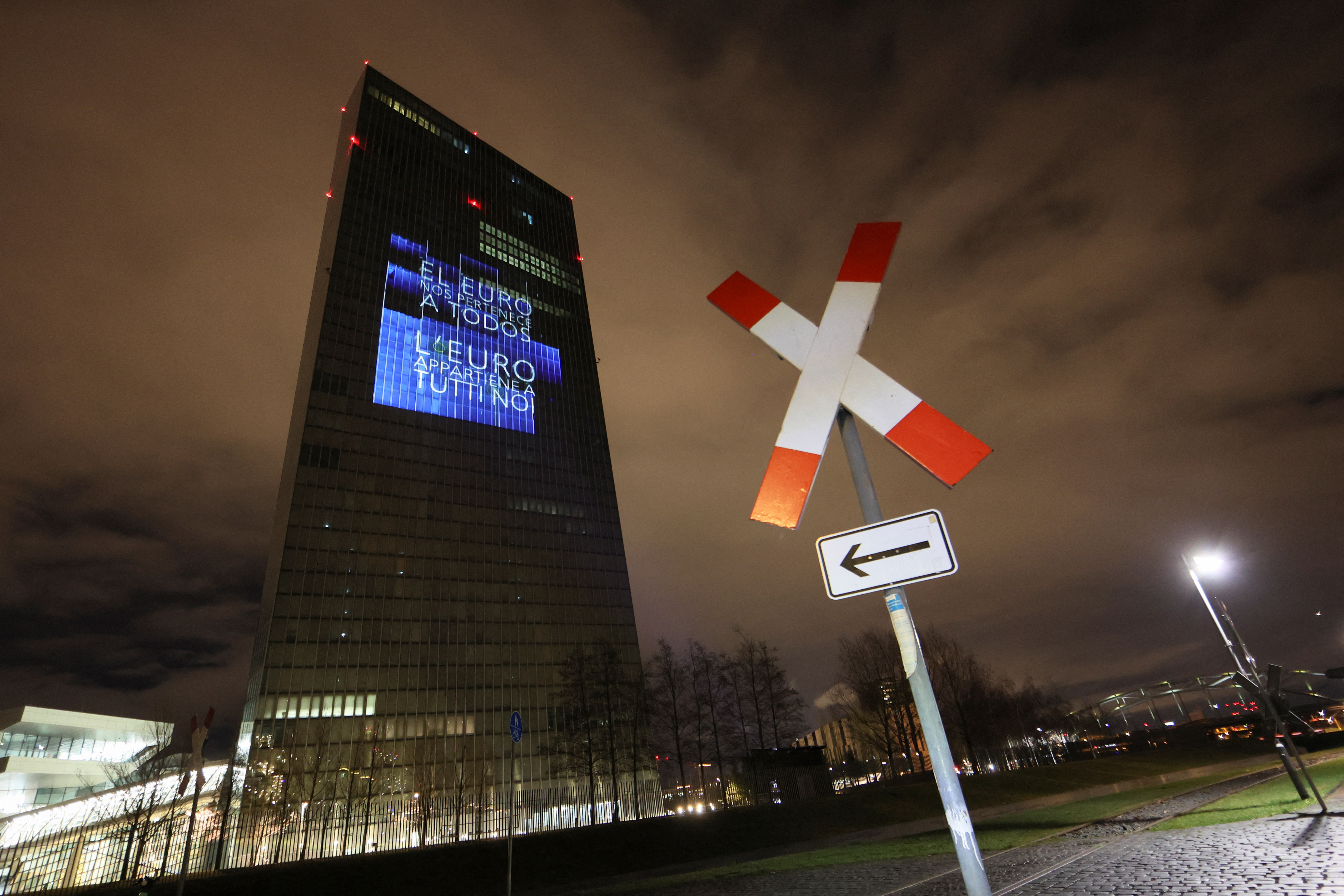 Preview of the illumination at ECB headquarters for the Euro's 20th anniversary in Frankfurt